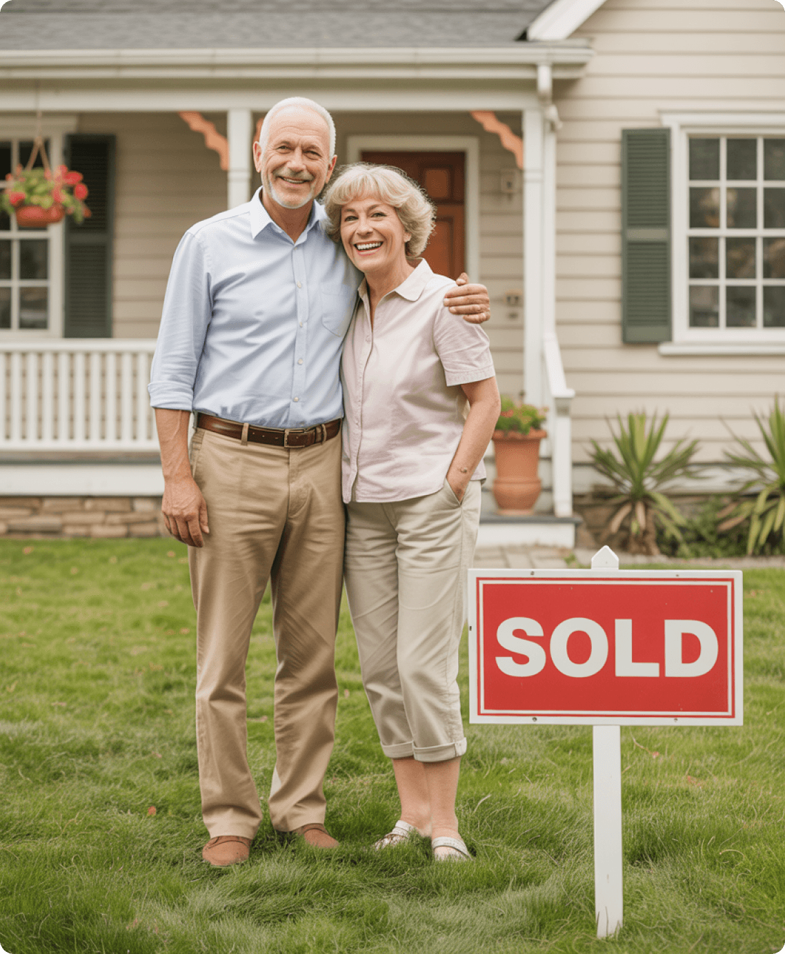 Happy couple standing in front of home with SOLD sign
