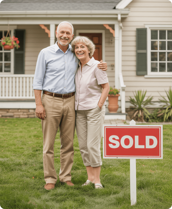 Happy couple standing in front of home with SOLD sign