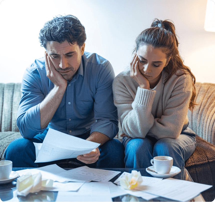 Stressed couple reviewing paperwork and documents
